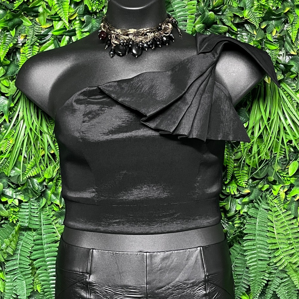 Bebe Top 12 Black One Shoulder Ruffle Sleeveless Party Cocktail Made In USA 3017 - Picture 2 of 8